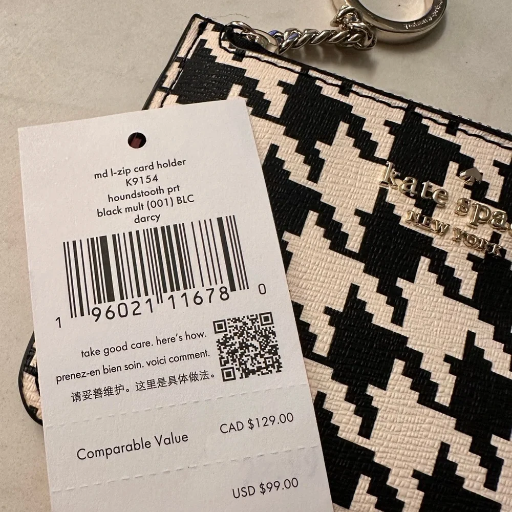 NWT! NEW! Kate Spade Black and White Houndstooth L-Zip Key Holder